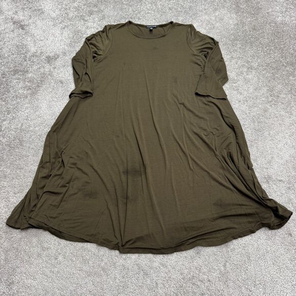 Eileen Fisher Jersey Flowy Shirt Dress Womens Small Olive Green Crew Neck Pocket - Picture 1 of 14